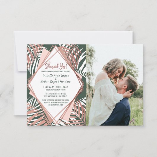 Faire-part Rose vert Gold Tropical Palm Tree Feuille Mariage (Devant)