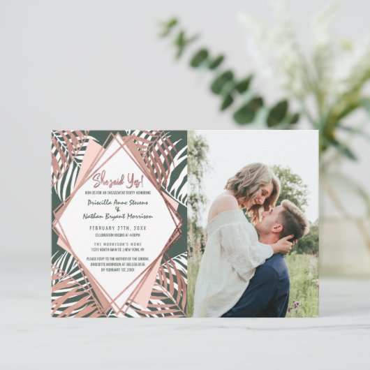 Faire-part Rose vert Gold Tropical Palm Tree Feuille Mariage (Debout devant)