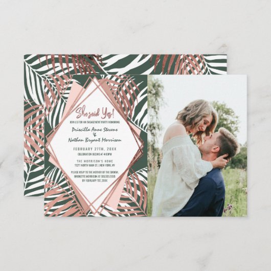 Faire-part Rose vert Gold Tropical Palm Tree Feuille Mariage (Devant / Derrière)