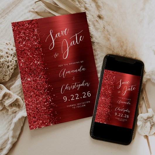 Faire-part Rouge Brossé Métal Script Enregistrer la Date