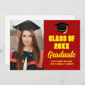 Faire-part Rouge Jaune Diplômé Photo Moderne (Devant / Derrière)