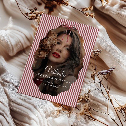 Faire-part Rouge Ruban à Rayures Photo de Diplôme Mignon