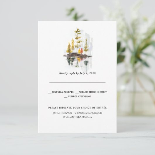 Faire-part RSVP de mariage automnal rustique | Pins aquarelle (Debout devant)