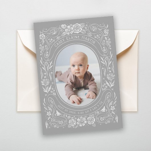 Faire-part Rubans et Roses Baby Light Grey Photo Naissance