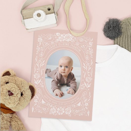 Faire-part Rubans et Roses Bébé Blush rose photo Naissance