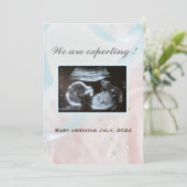 Faire-part Rubans rose et bleu avec échographie de bébé (Debout devant)