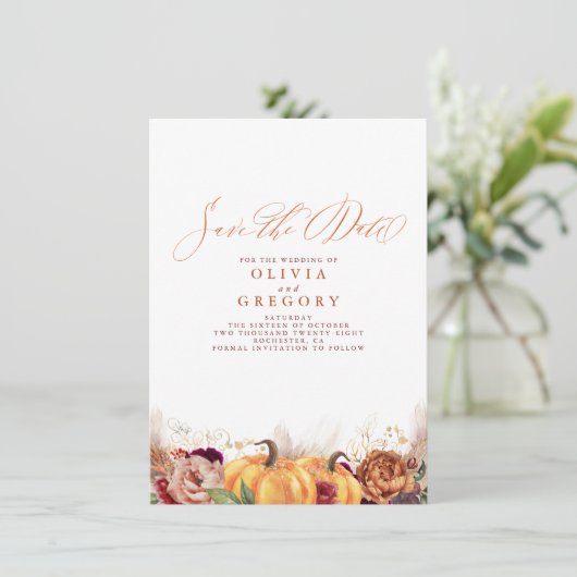 Faire-part Rust Terracotta Floral Citrouilles automne Enregis (Debout devant)