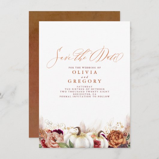 Faire-part Rust Terracotta Floral Citrouilles automne Enregis (Devant / Derrière)