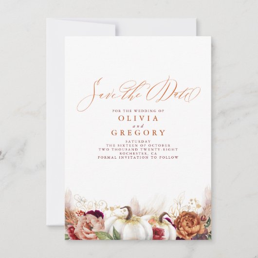 Faire-part Rust Terracotta Floral Citrouilles automne Enregis (Devant)