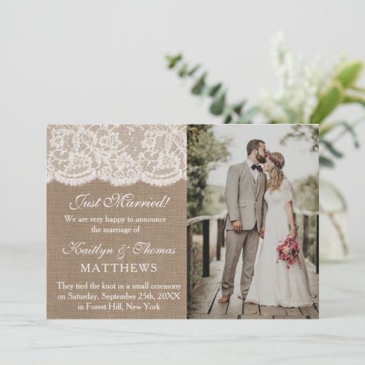 Faire-part Rustic Burlap & White Lace Mariage photo mariage (Debout devant)