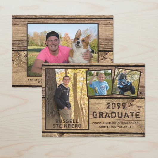 Faire-part Rustic Country Wood 4-Photo Graduation