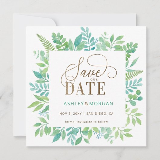 Faire-part Rustic Green Gold Floral Photo Enregistrer la date (Devant)