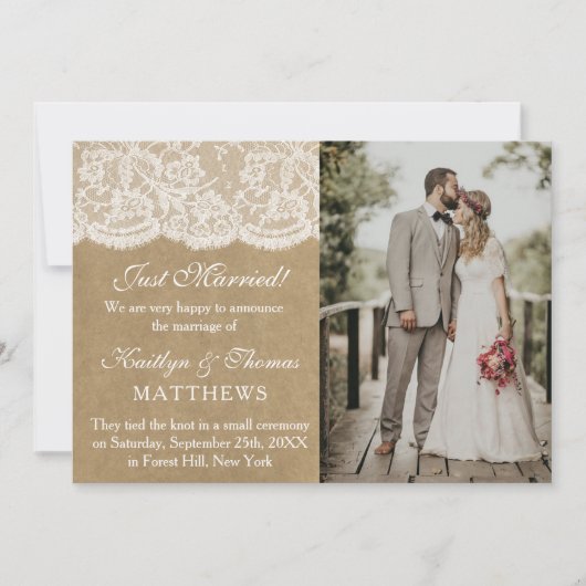 Faire-part Rustic Kraft & White Lace Mariage photo mariage (Devant)