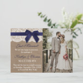 Faire-part Rustic Navy Blue Ribbon Mariage photo mariage (Debout devant)