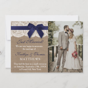 Faire-part Rustic Navy Blue Ribbon Mariage photo mariage