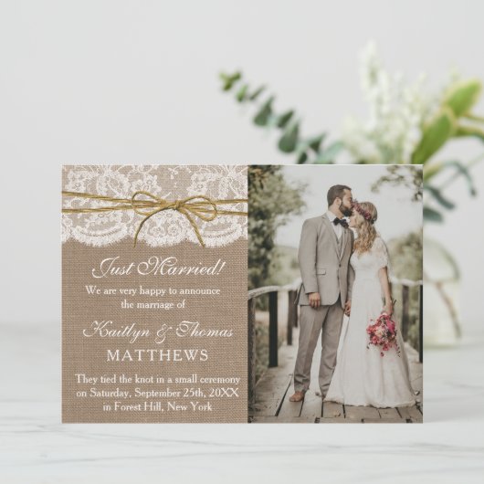 Faire-part Rustic Twine Bow Mariage photo mariage (Debout devant)