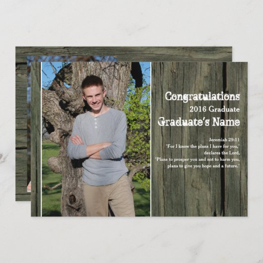 Faire-part Rustic Wood Four Photo Scripture Graduation (Devant / Derrière)