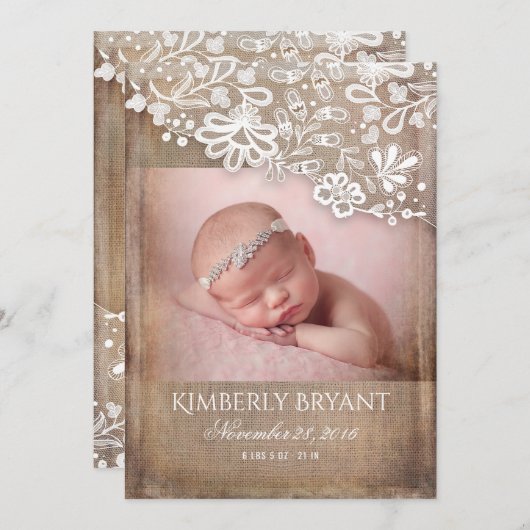 Faire-part Rustique Burlap dentelle lights Photo Bébé naissan (Devant / Derrière)
