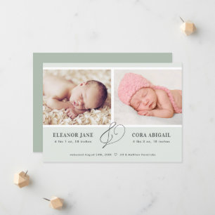 Faire-part Sage Green Simple Twins Photo Naissance