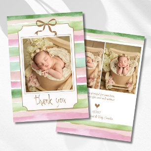 Faire-part Sage Péché Blush Rayé Bébé Photo Merci