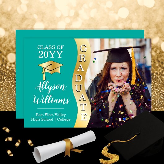 Faire-part Sarcelle | Gold Graduate Wave Grad Casquette photo