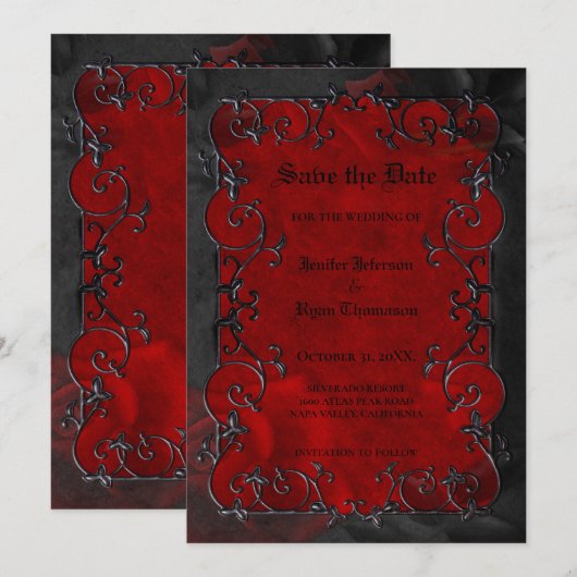 Faire-part Sauvegarde de mariage Halloween gothique rouge (Devant / Derrière)
