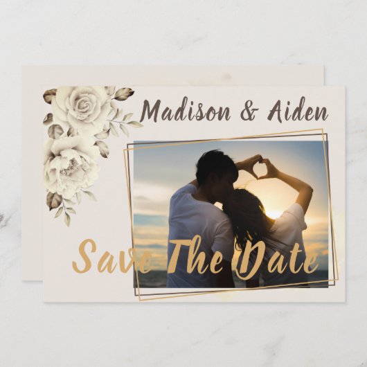 Faire-part Save the date | Romantic White Rustic Roses (Devant / Derrière)