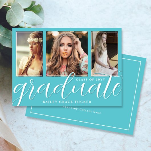 Faire-part Scénario Diplômé 3-Photo Turquoise Remise des dipl