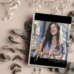 Faire-part Script blanc Cadre noir Deux diplômes photo