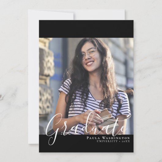 Faire-part Script blanc | Cadre noir | Deux diplômes photo (Devant)