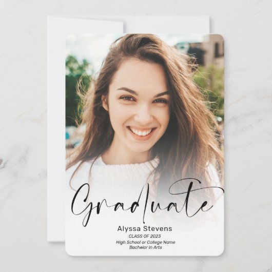 Faire-part Script blanc moderne 2 photos graduation (Devant)