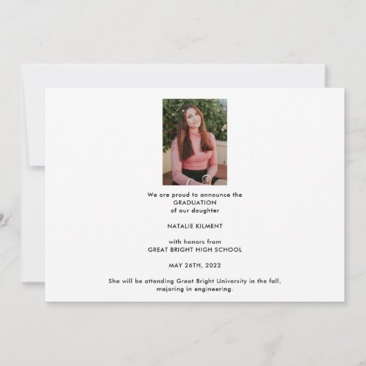 Faire-part Script blanc Moderne Diplômé de la photo (Dos)