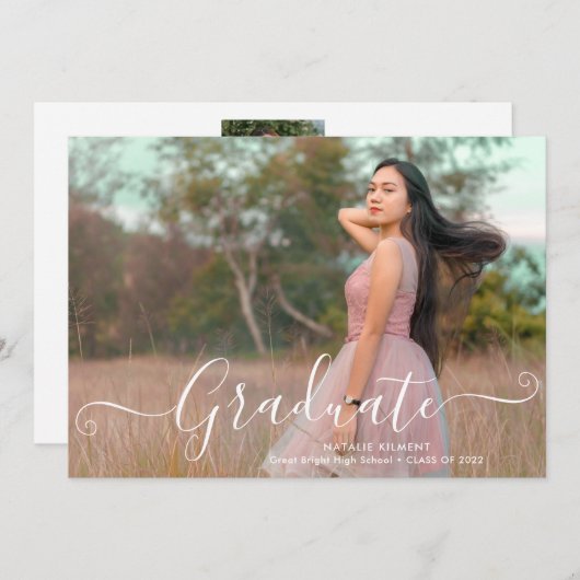 Faire-part Script blanc Moderne Diplômé de la photo (Devant / Derrière)