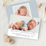 Faire-part Script bleu moderne bébé garçon photo naissance<br><div class="desc">Une carte faire-part de naissance photo simple et moderne présente votre bébé nouveau-né avec une photo de paysage sur le devant et une photo de carré bonus sur le dos. Personnalisez l'écriture manuscrite moderne avec le nom complet du bébé et customisez le texte noir souple avec toutes les statistiques de...</div>