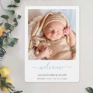 Faire-part Script bleu moderne Welcome Photo Baby Boy Birth A