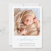 Faire-part Script bleu moderne Welcome Photo Baby Boy Birth A (Devant)