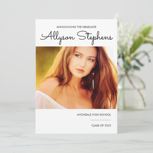 Faire-part Script Classique Simple Une Photo Blanc | Texte no (Debout devant)