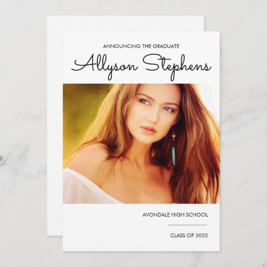 Faire-part Script Classique Simple Une Photo Blanc | Texte no (Devant / Derrière)