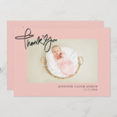 Faire-part Script Coeur moderne Photo Bébé rose Fille (Devant / Derrière)