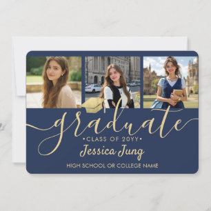 Faire-part Script de Collage de Diplôme avec 4 Photos Bleu Nu