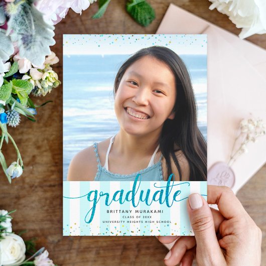 Faire-part Script de parties scintillant turquoise graduation