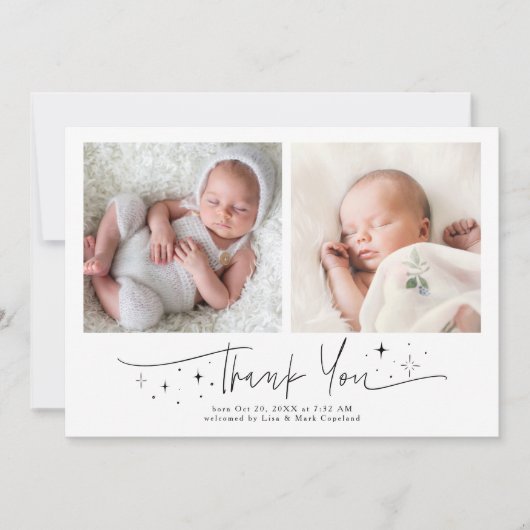 Faire-part Script de remerciement fantaisiste naissance blanc (Devant)
