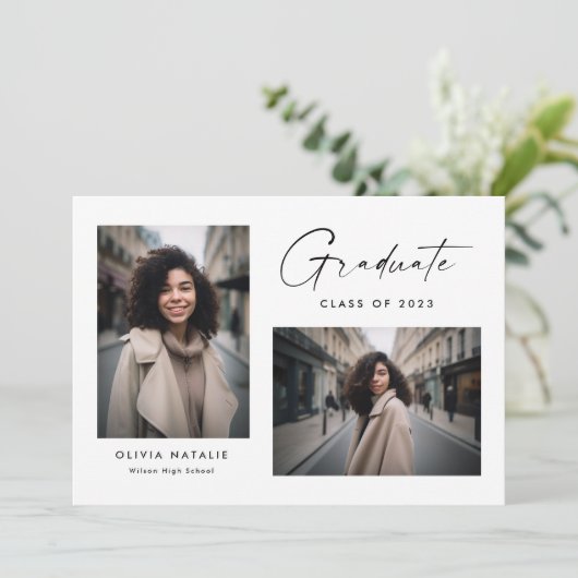 Faire-part Script Delicate Moderne Avec Deux Photos Graduatio (Debout devant)