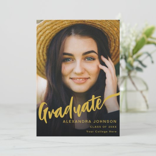 Faire-part Script d'or de photo moderne graduée noir (Debout devant)