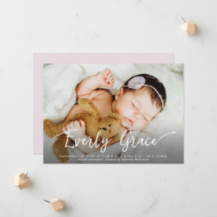 Faire-part Script élégant Baby Girl Nom Photo Naissance rose 