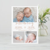 Faire-part Script en terre cuite moderne 3 photo bébé jumeaux (Debout devant)