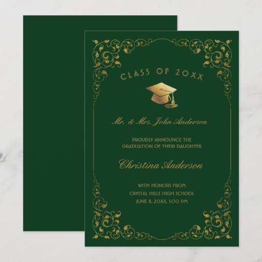Faire-part Script Gold Ivy De Parents Green Graduation (Devant / Derrière)