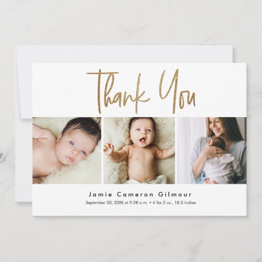 Faire-part Script Gold moderne Custom 3 photo Baby numérique (Devant)