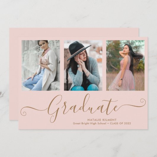 Faire-part Script Graduate 3 Photo Collage Pink Graduation (Devant / Derrière)