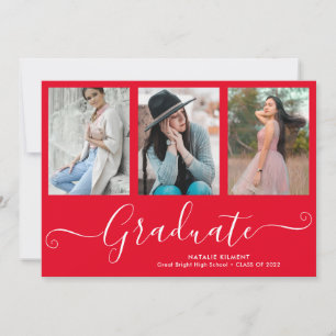 Faire-part Script Graduate 3 Photo Collage Red Graduation
